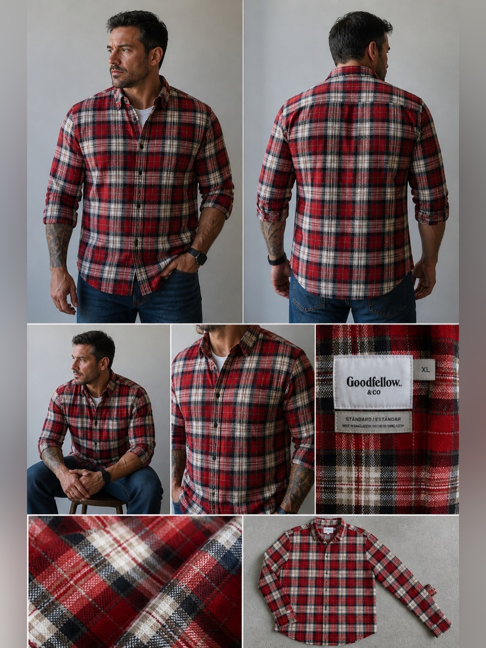 Goodfellow Red Plaid Flannel Shirt XL Distressed Grunge Cotton